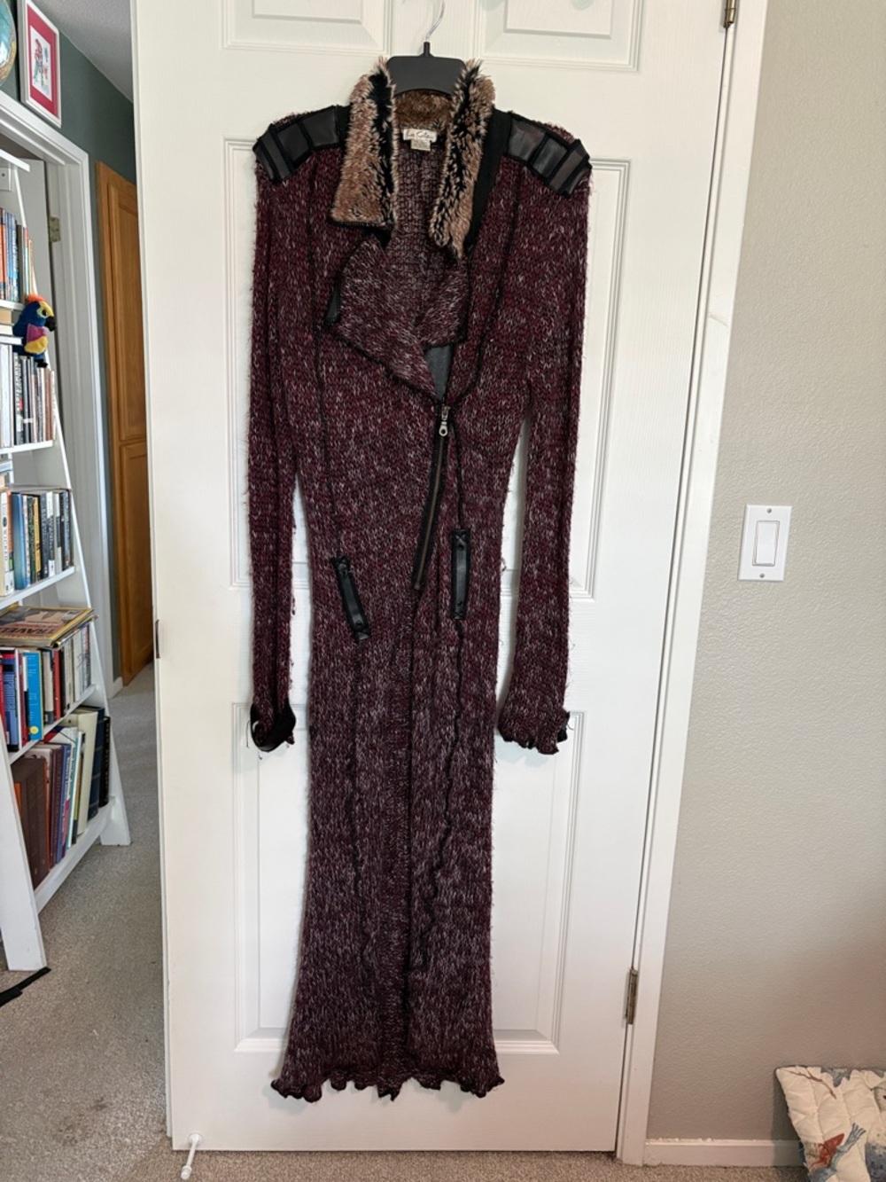 Long Burgundy Knit Maxi Coat with Faux Fur Collar